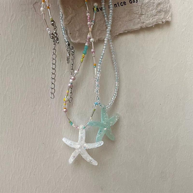 Trend Starfish Pendant Necklace Shiny Resin Bead Choker Clavicle Chain Sweet Necklace For Women Girls Summer Vacation Jewelry