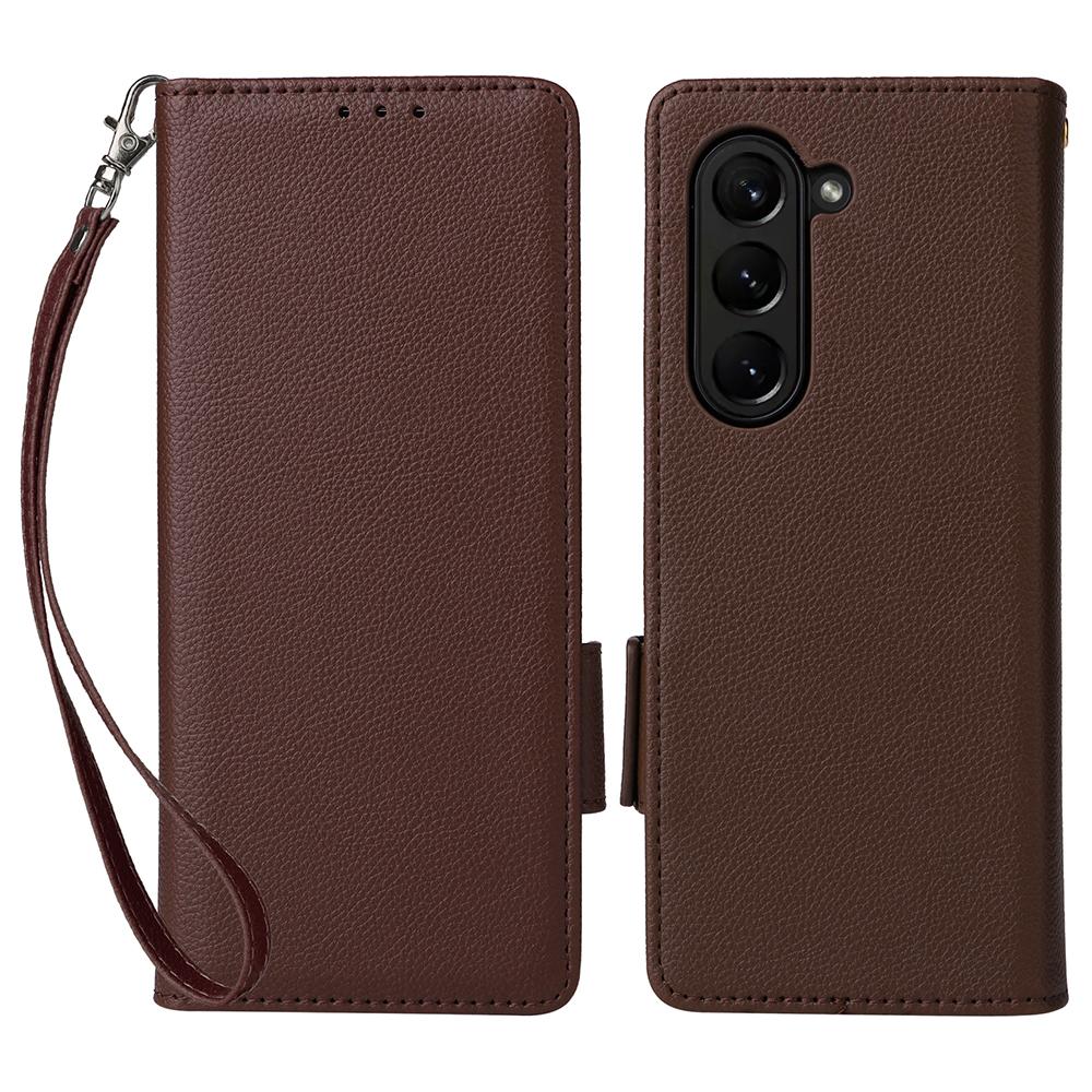

For Samsung Galaxy Z Fold6 5G Case with Wrist Strap Litchi Texture PU Leather Wallet Phone Cover Brown