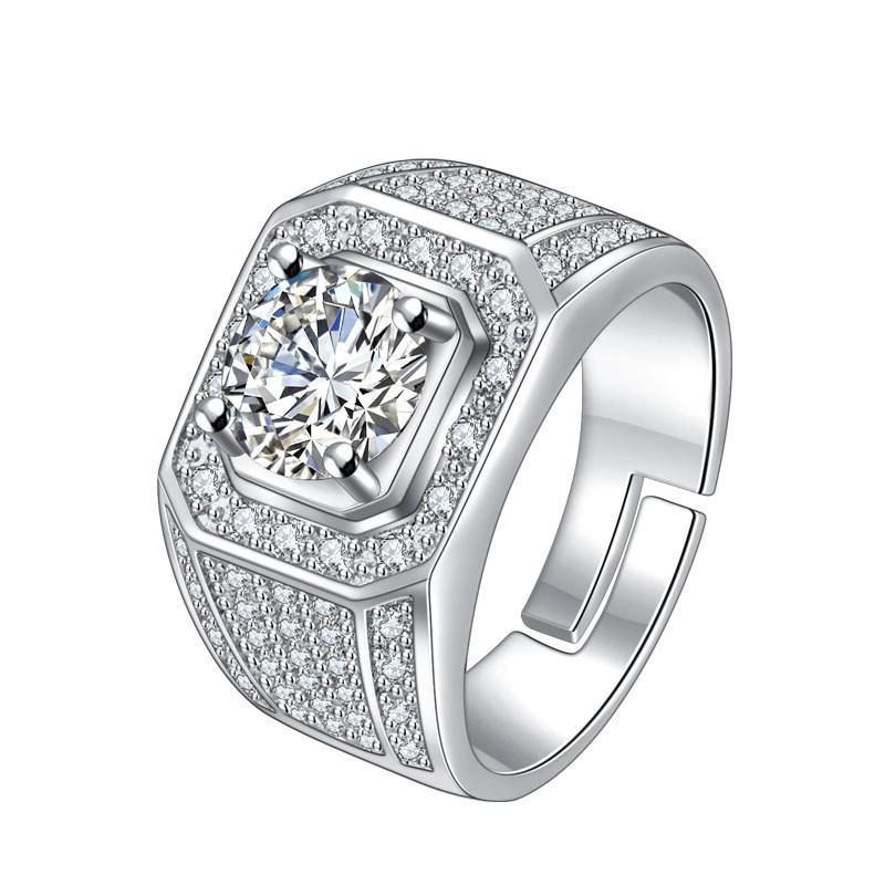 Large Men's Domineering Ring: 925 Sterling Silver, Copper, White Gold-Plated, One Carat Diamond Ring.