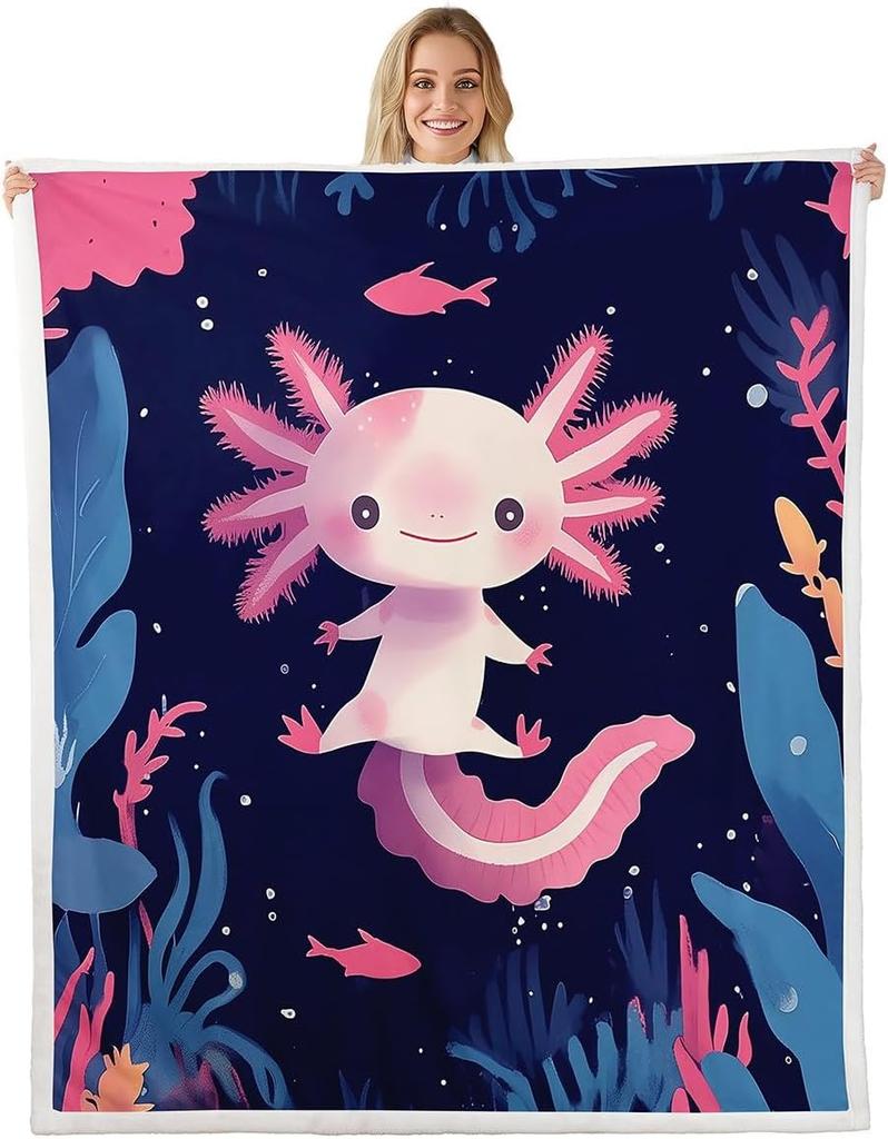 Cute Pink Axolotl Blanket Soft Fleece Throw Cherry Blossom Design Fantasy Art Kids Room Decor