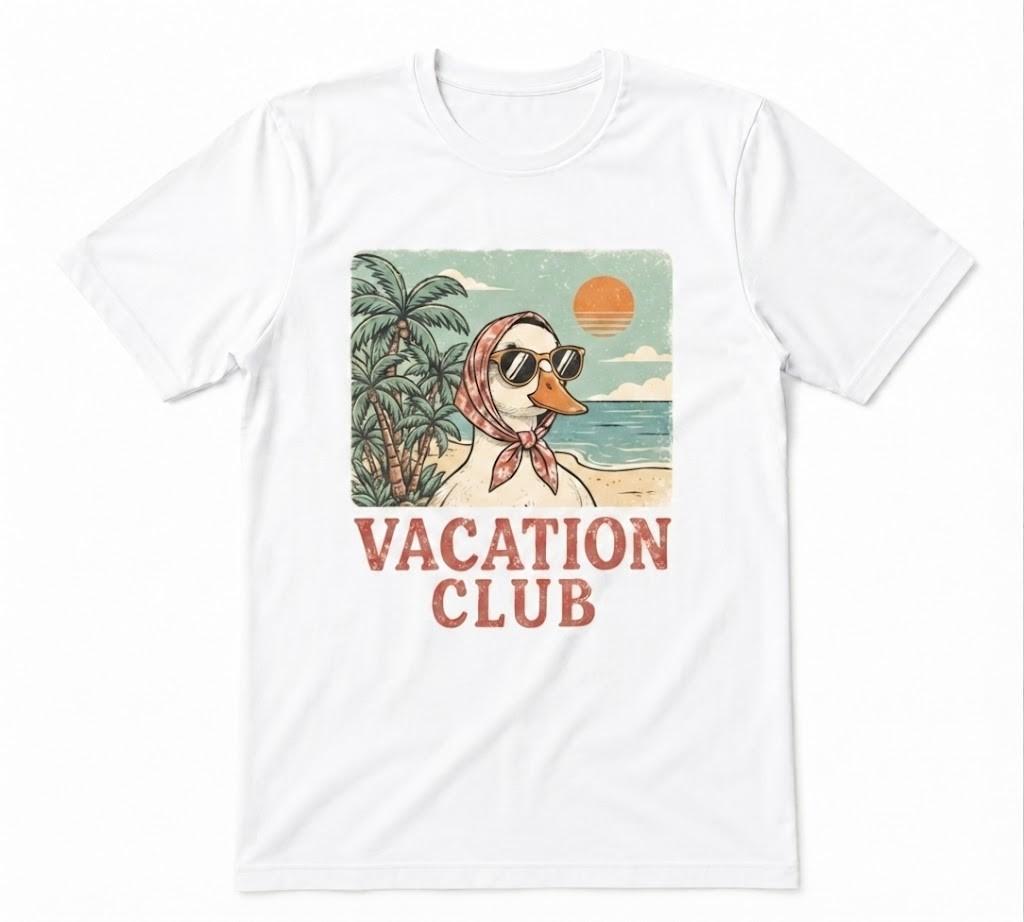 Vacation Club Duck Beach Palm Tree Sunset White T-shirt