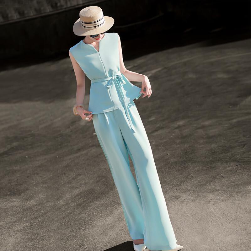 

Lanse er Elegant Sleeveless V-neck Top & Wide-leg Pants Set L