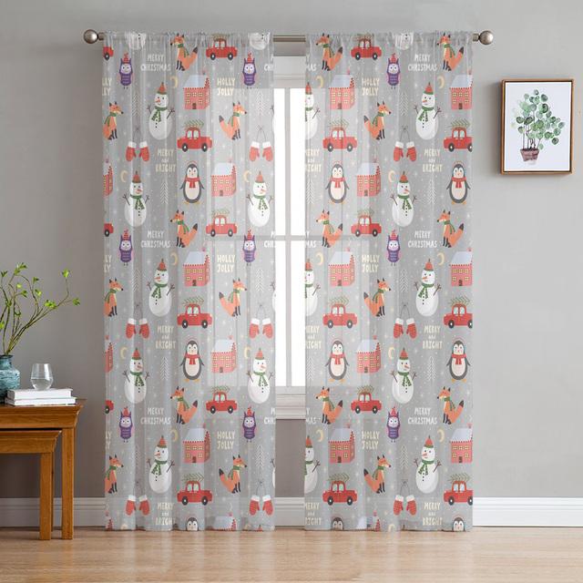 Christmas Elk Cartoon Gift Tulle Curtains For Living Room Decoration Modern Chiffon Sheer Voile Kitchen Curtain