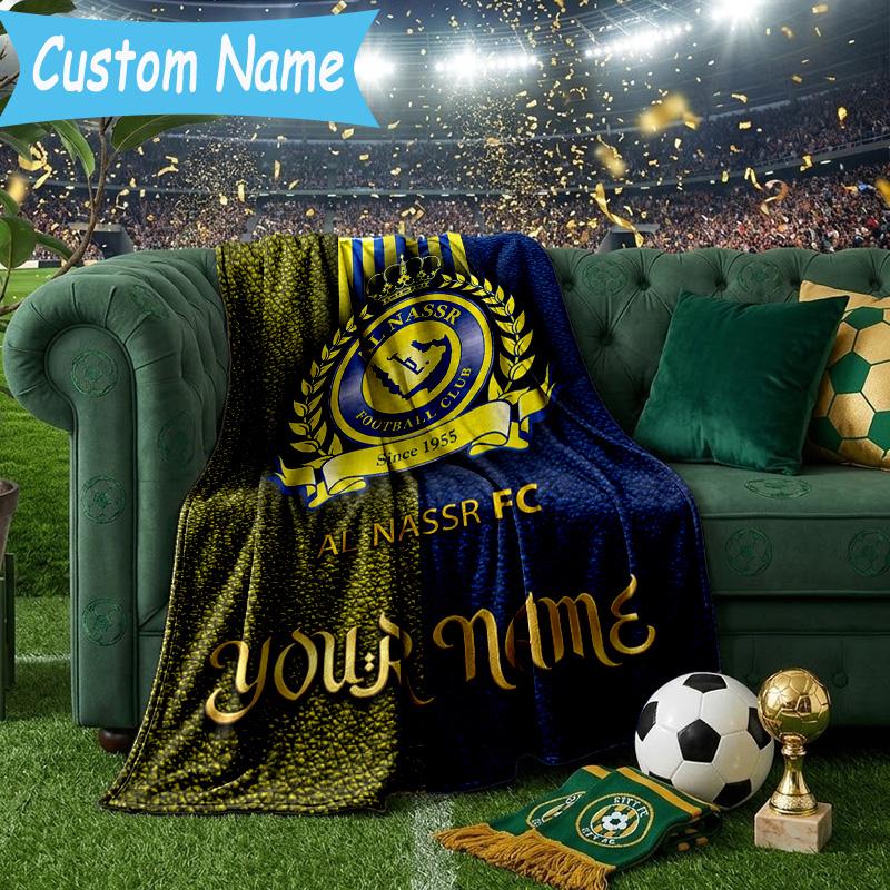 Custom Name Al Nassr Football Club Crest Flannel Blanket, Use for Birthday/Holiday Gift, Soft Blanket for Sofa/Bed/Camping/Office, Home Decor