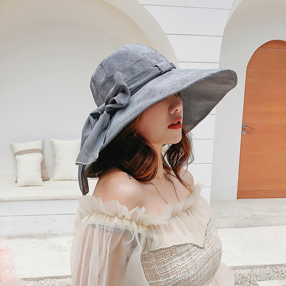 with Bowknot Bucket Hat Wide Brimmed Sunscreen Visor Cap Basin Hat Fishman Hat  Vacation