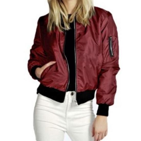 

Жіноче пальто однотонне зі стійкою, на блискавці, кардиган, з довгими рукавами, тепле, з еластичними манжетами, з кишенями, осіння куртка для повсякденного носіння L вина червоного кольору