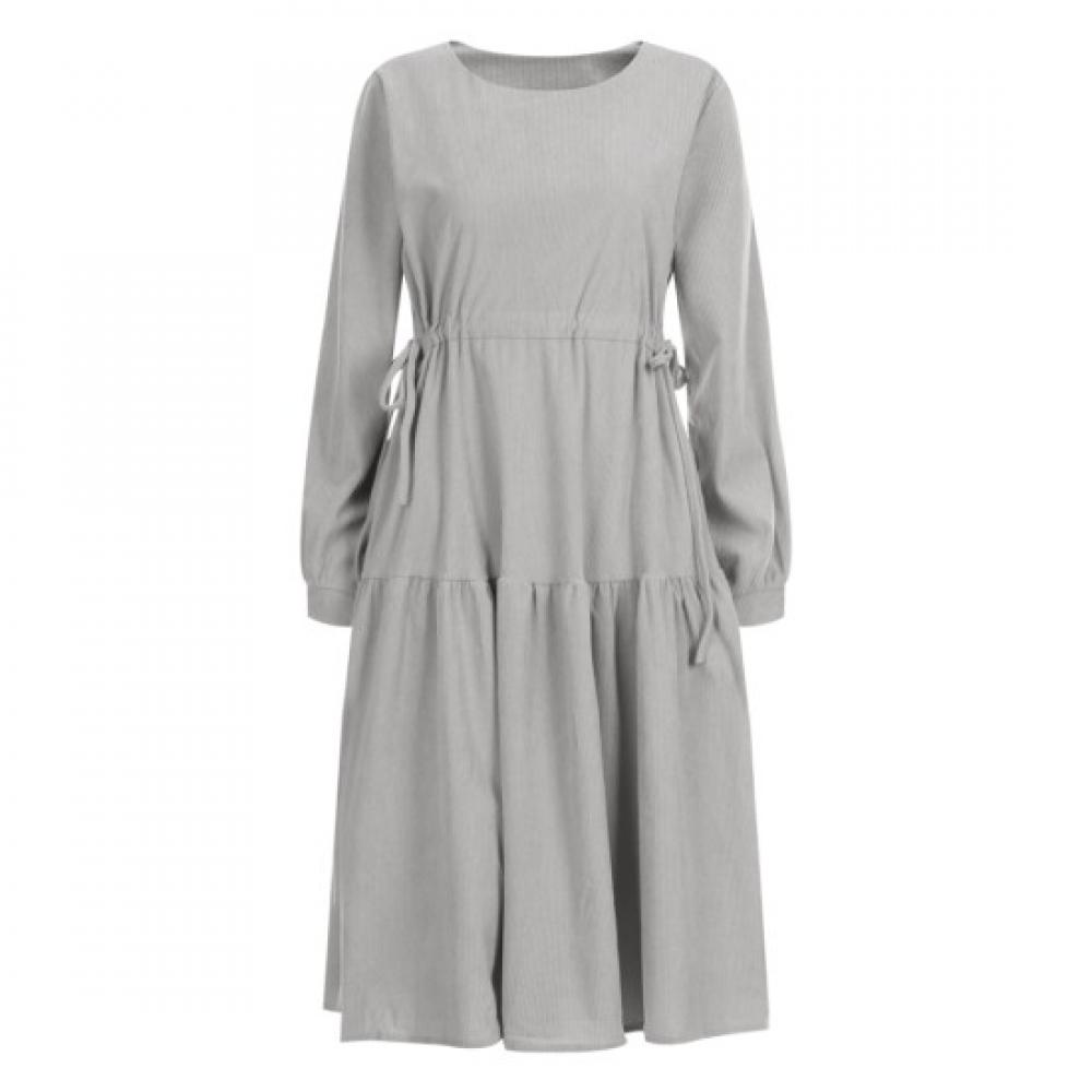 Shop Women S Round Neck waiSt Tie Corduroy Ruffle Suede Long dreSS Egg Wdr 200