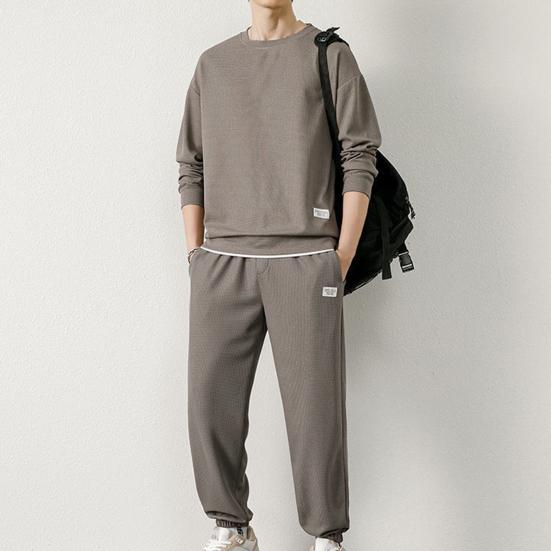 2Pcs/Set Men Casual Sport Suit Waffle Texture O-neck Long Sleeve Sweatshirt Elastic Waist Pockets Jogger Pants Set Loose Fit Sweatshirt Suit