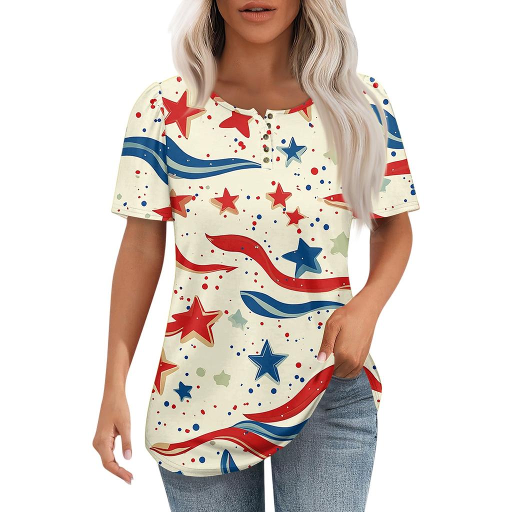 Damski modny, swobodny, krótki rękaw, guziki, nadruk, okrągły dekolt, bluzka typu pullover