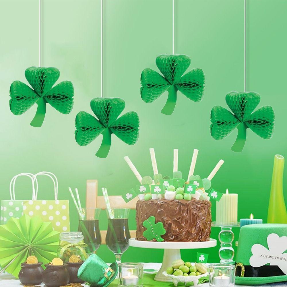 5Pcs Green Clover Honeycomb Hanging Pendant Paper Honeycomb Hanging Ornament  for Home