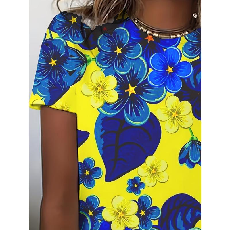 Floral Print Three-dimensional T-shirt Casual Round Neck Short Sleeved Top for Spring and Summer Women's T-shirt 3D Digital
