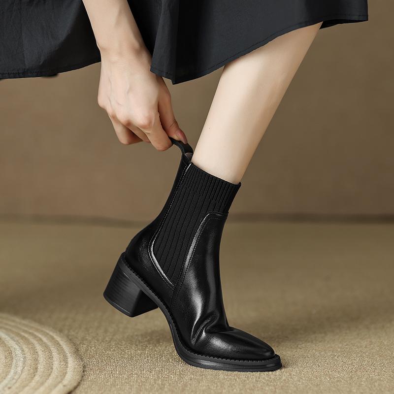 Women Ankle Boots Luxury Genuine Leather High Heels Elastic Band Black Chelsea Short Boot Elegant Female Booties Designer Shoe