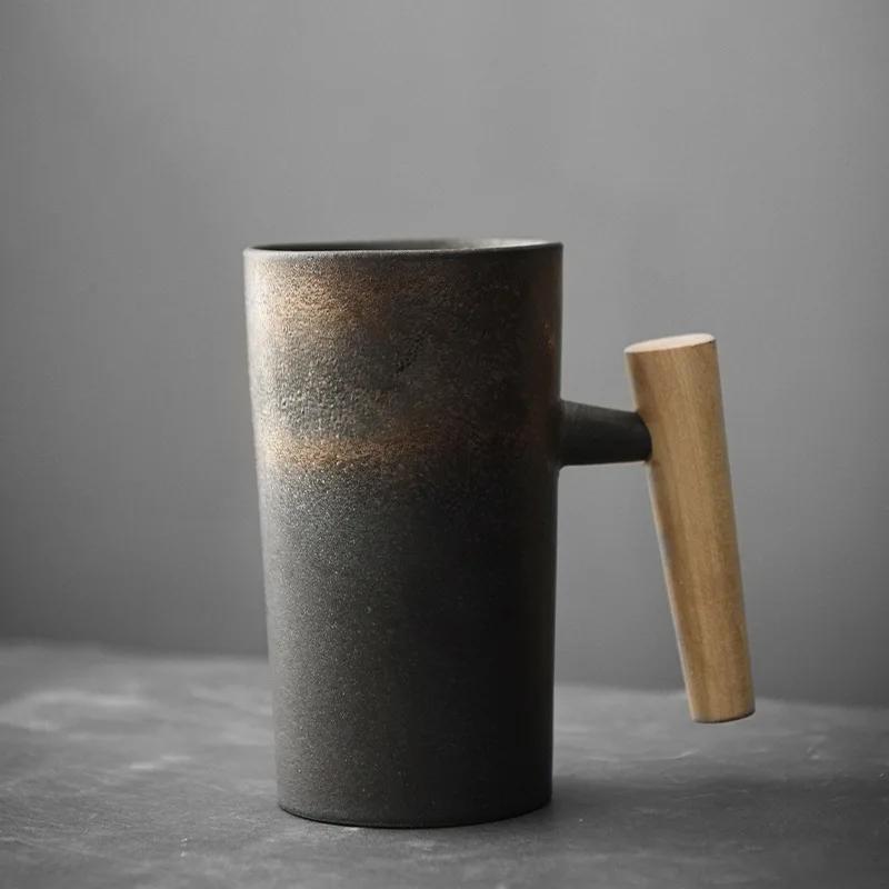 Ceramic Mug with Wooden Handle Coffee Cup Oatmeal Breakfast Cups Couple Water Cups Milk Mug Milk Tea Cup Juice Glasses Tea Mugs