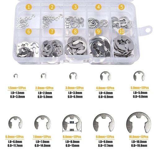 Set of 120 E-rings, M1.5-M10, 304 Stainless Steel, Oil-Resistant, with Storage Case, E-Type Retaining Rings for Fixing Machine Components, Tool Kit wi