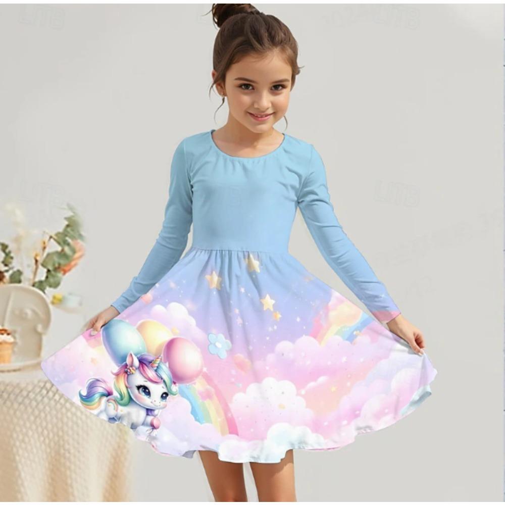 Mädchen Freizeitkleid mit 3D-Einhorn-Print, Rundhalsausschnitt, lange Ärmel, Kinder Prinzessinenkleid