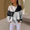 Women's Crew Neck Three‑Button Placket Color‑Block Striped Waffle Knit Loose Long Sleeve Top