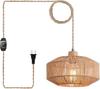 Woven Plug in Pendant Light with Handmade Hemp Rope Shade Dimmable Switch Natural Basket Hanging Lamp for Home Decor Lighting