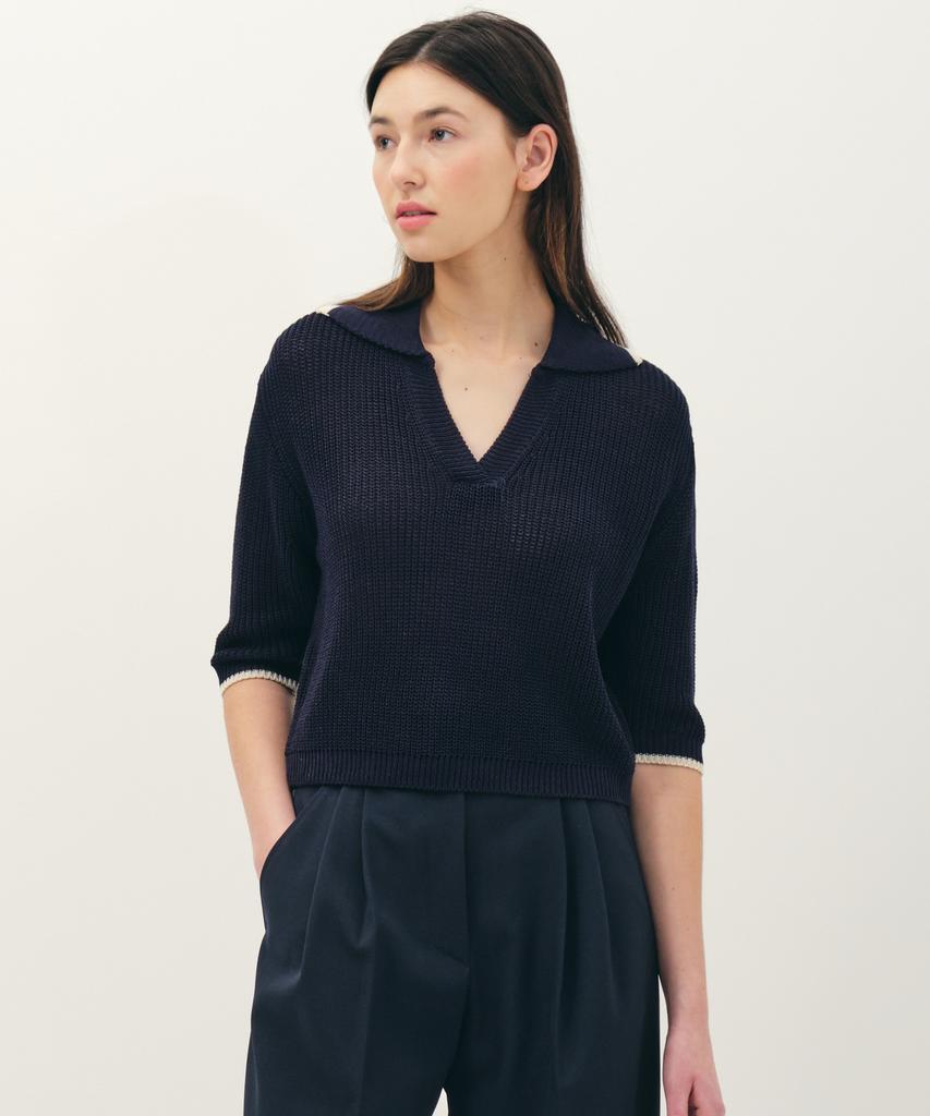 JUN BY JUN K V-Neck Collared Cotton Knit Top_Navy