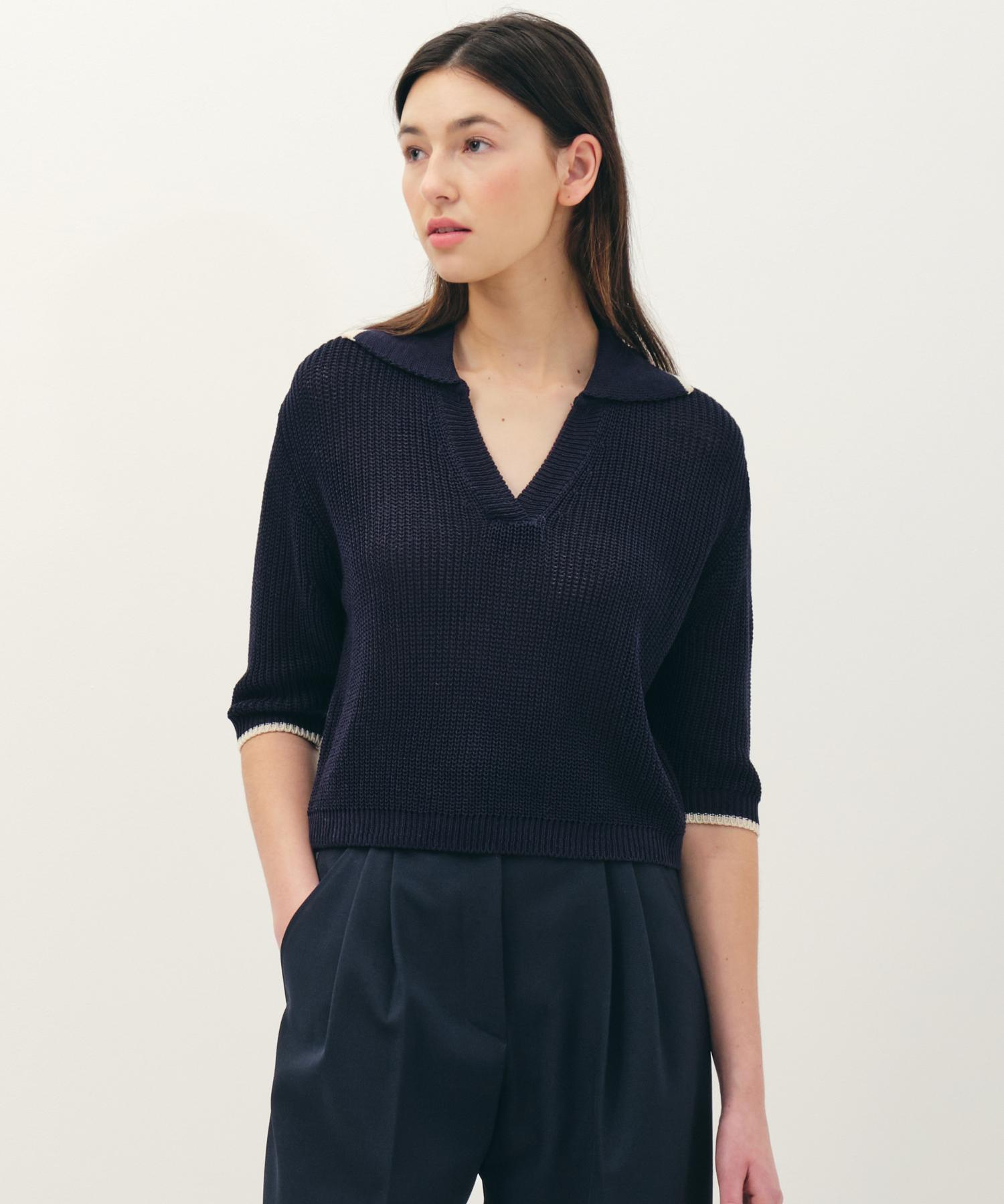 Jun By Jun K V-Neck Collared Cotton Knit Top_Navy F