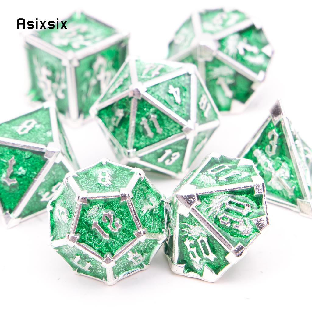 7 Pcs Green White Skull Metal Dice Solid Metal Polyhedral Dice Set Suitable for Role-Playing RPG Board Game Card Game