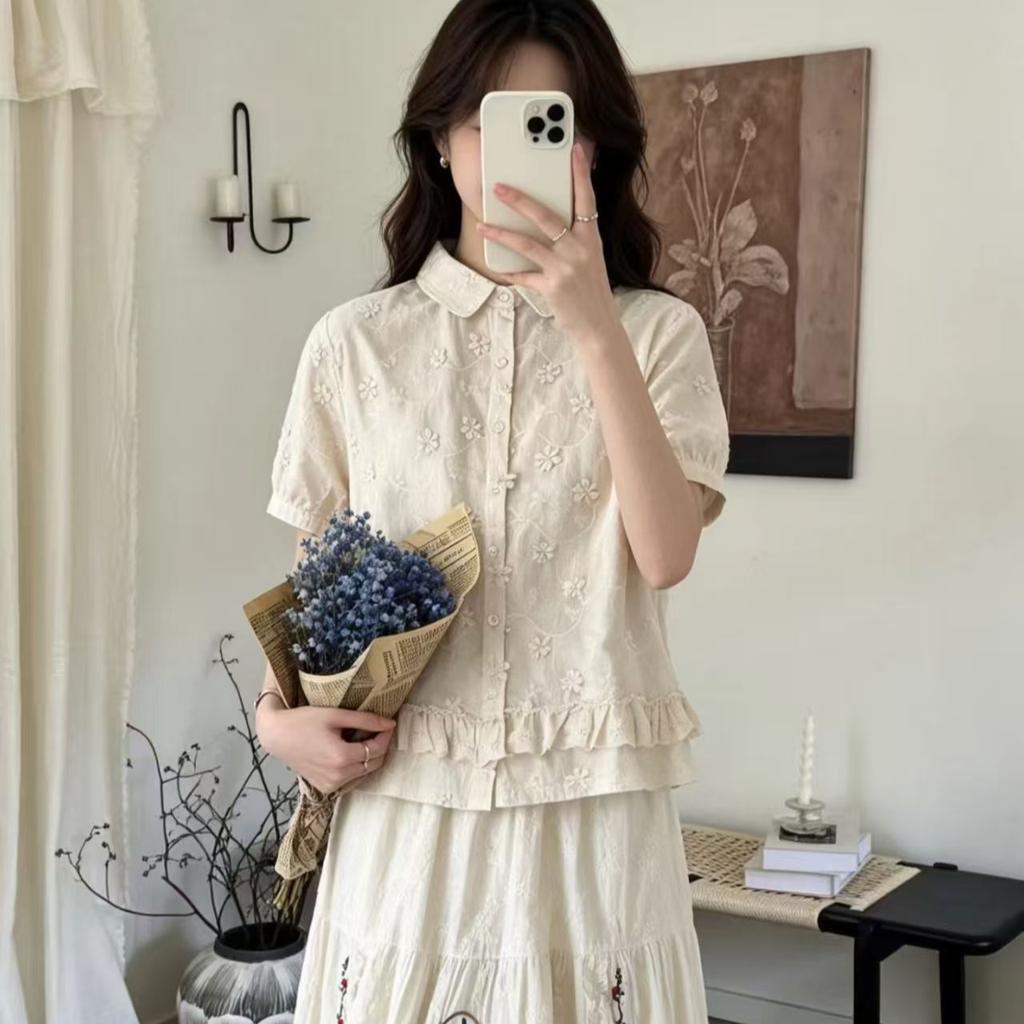 1116 Summer New Women's Lapel Japanese Cotton Shirt Loose Shirt Top Cardigan Embroidery Literary Style Fashion
