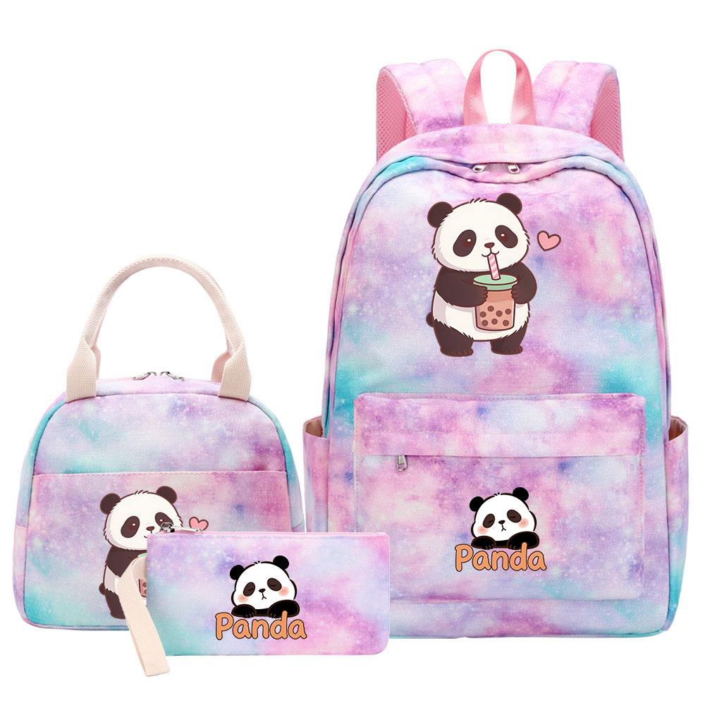 3-delige Tie Dye Panda Rugzak Set Kawaii Rugzak voor Naar School met Lunchtasje Etui, Reizen Dagrugzak voor Kinderen Meisjes