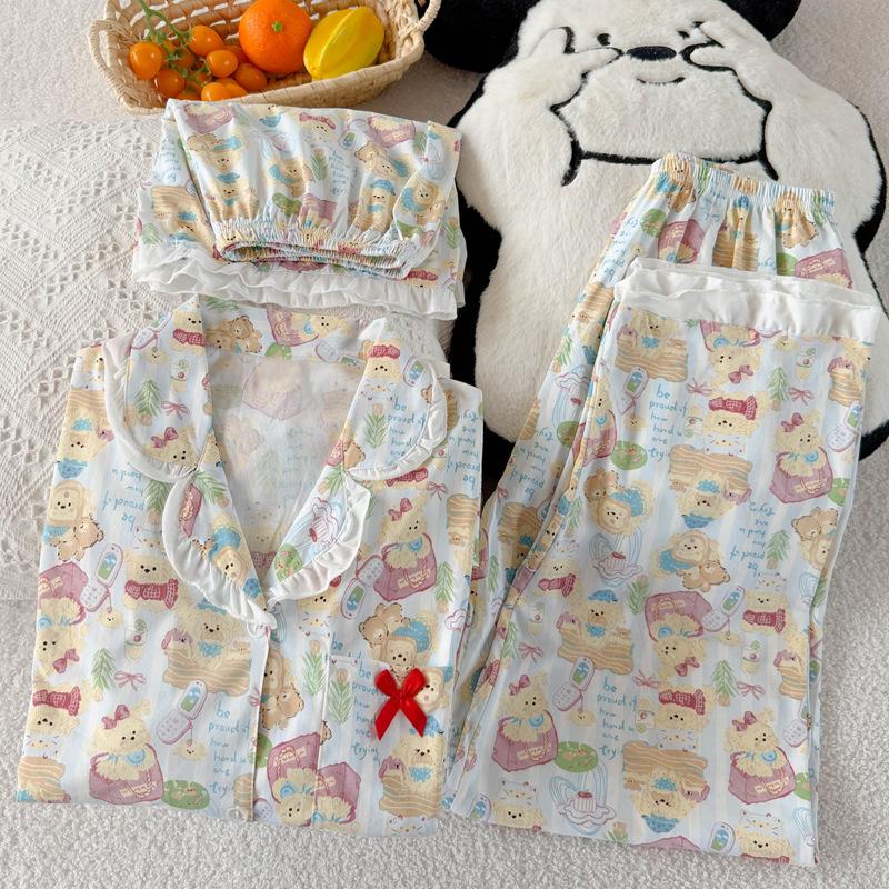 Cartoon puppy sweet casual imitation cotton edge pajamas women's summer short-sleeved three-piece set