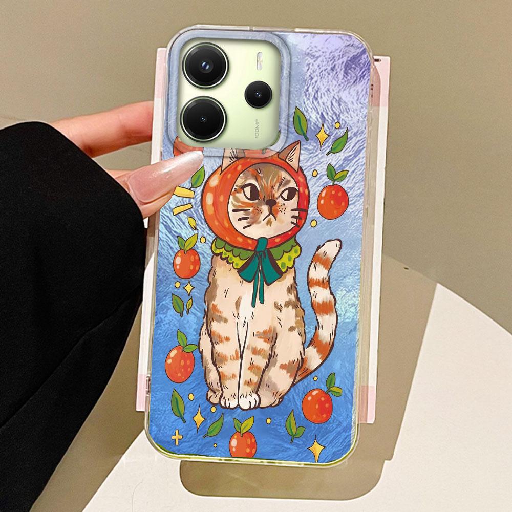 

Чехол для телефона с текстурой ледника и черным котом с цветком для Xiaomi Redmi 13C 14C A5 A3 A4 A3X Note 14 13 12 11 11S 10 Pro Силиконовый чехол из ТПУ Redmi 14R 5G белый