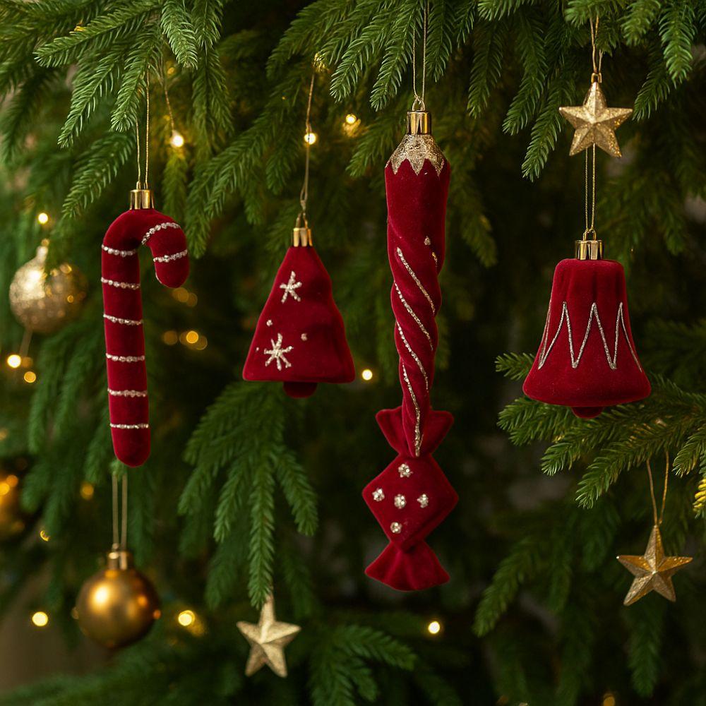 2pcs Flocked Christmas Tree Pendants Red Candy Cane Pendants  Party Decor