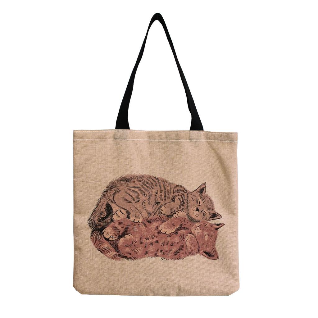 Women Vintage Linen Tote Bag - Large Capacity Cat Print Shoulder Handbag for Casual & Grocery Shopping KTB