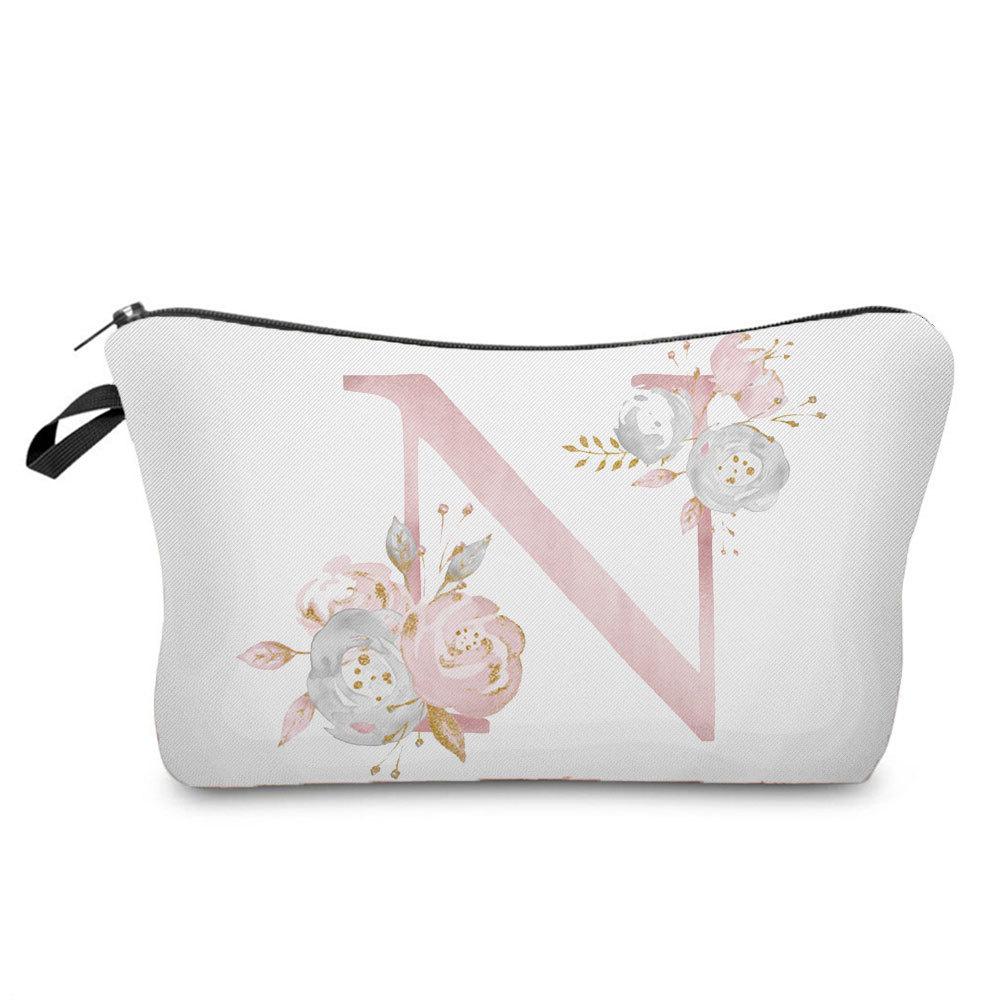 Women Flower Letters Print Cosmetic Bag Toiletries Organize Travel Storage Case 6686