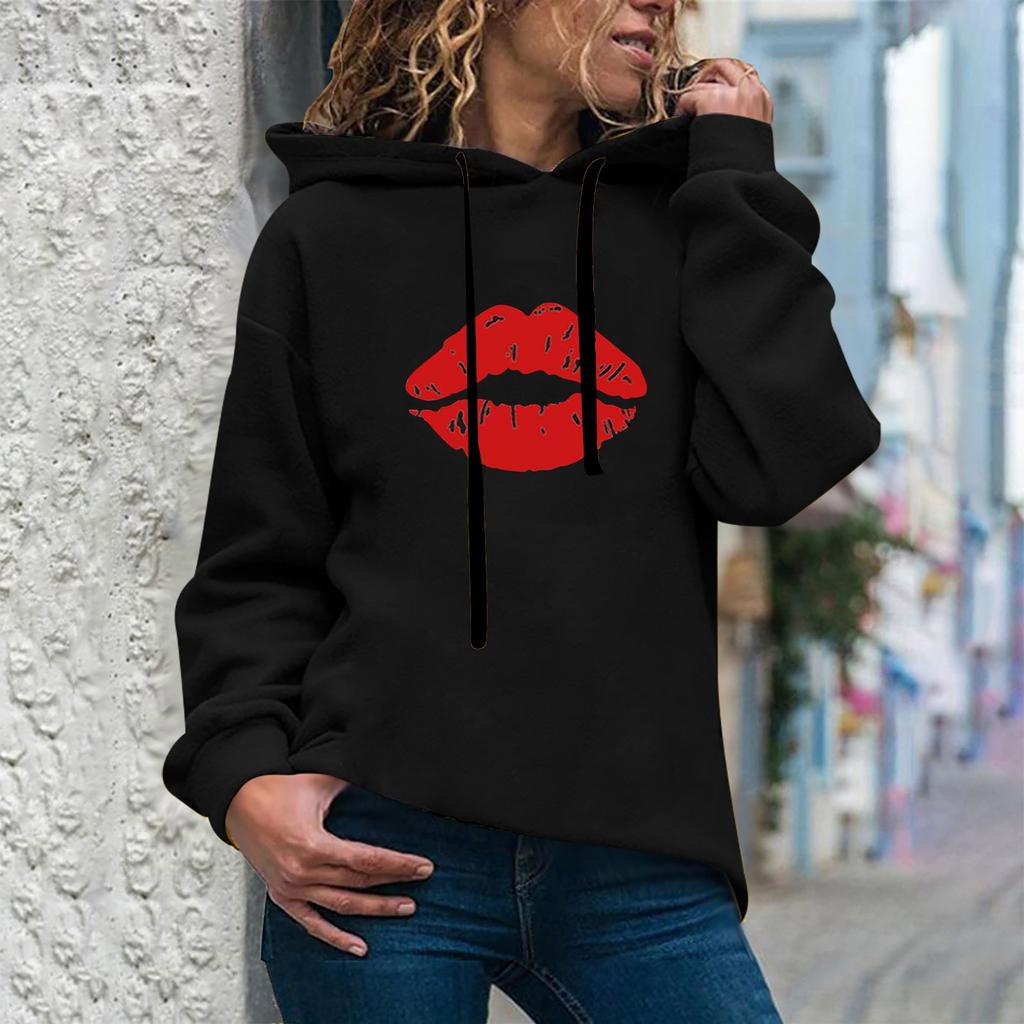 Women's Fashion Casual  Print Hooded Sweatshirt Loose Sports Tops Pullover