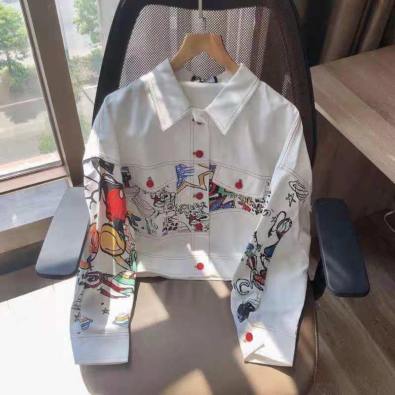 Giacca di jeans bianca da donna con personalità alla moda Giacca con utensili Graffiti Casual Cappotto corto da strada stile college coreano Chic Y2k