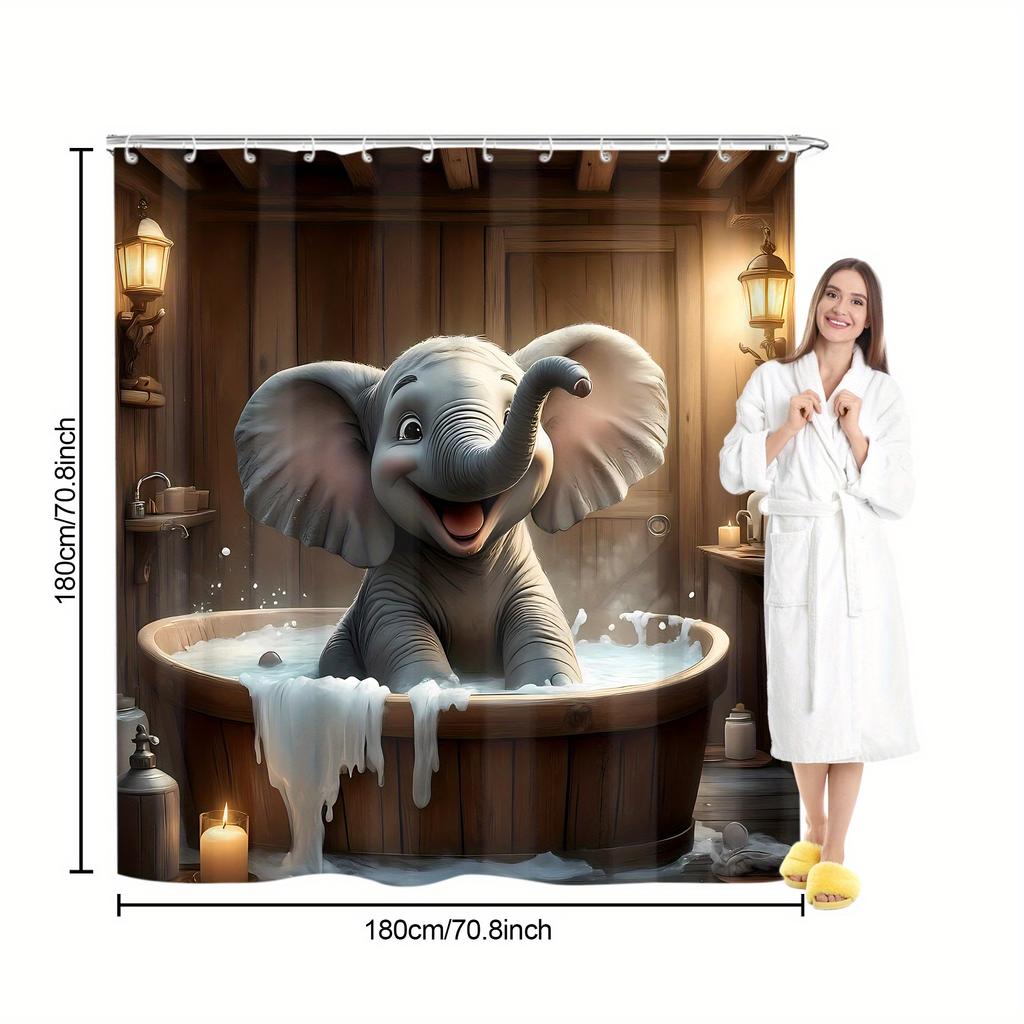 4Pcs Bathroom Shower Curtain Set Cute Elephant Pattern Bathroom Curtain With 12 Hooks Non Slip Rugs Toilet Cover Mat Bathroom Partition