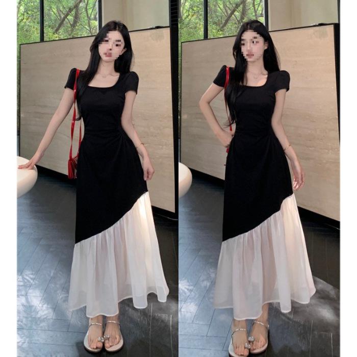 

Large size women s clothing summer Hepburn style black and white contrasting color splicing dress square collar waist thin temperament long dress M чёрный
