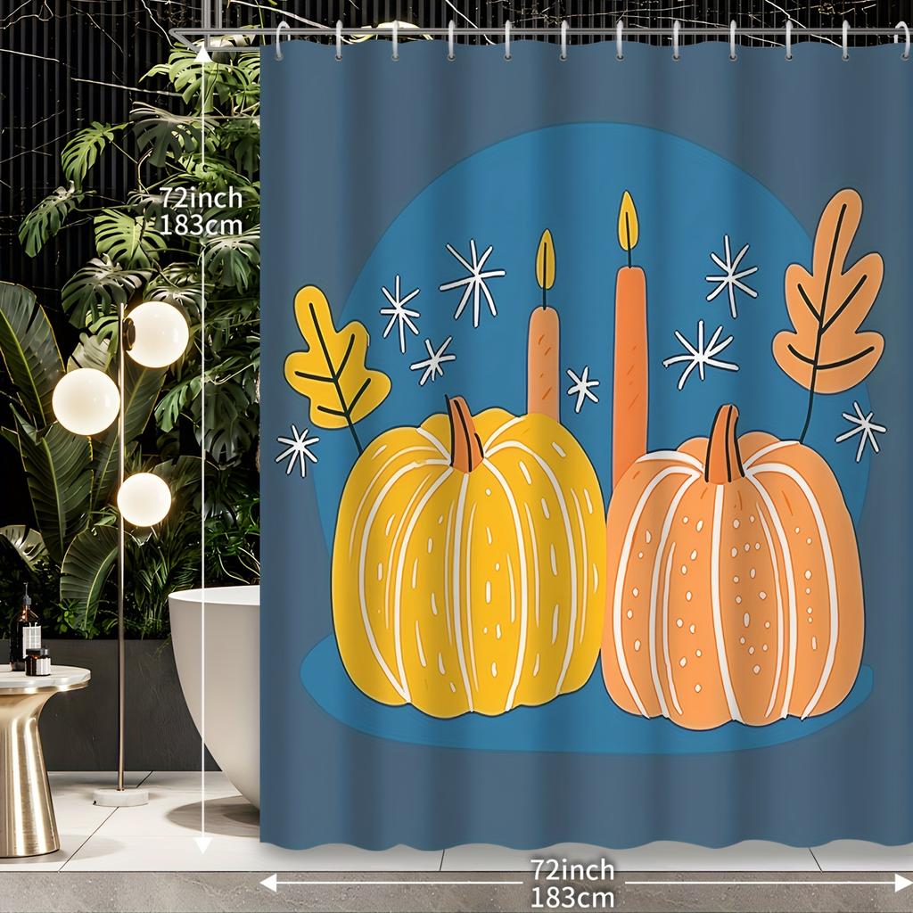 1pcs Autumn Decoration Cartoon Creative Geometric Line Pumpkin Candle Leaf Shower Curtain, Decorative Printed Shower Curtain