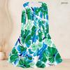 Women Plus Size Square Neck Long Sleeve Green Blue Printed A Line Flared Dress With Belt