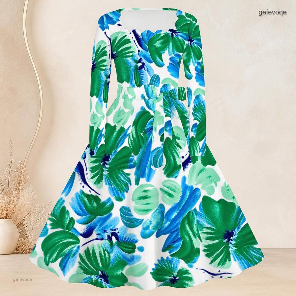 Women Plus Size Square Neck Long Sleeve Green Blue Printed A Line Flared Dress With Belt