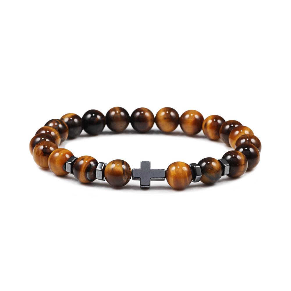 Dropshipping Hot Men Natural Lava Stone Bead Bracelets Hematite Cross Rosary Meditation Prayer Jesus Bracelet Women Yoga Jewelry