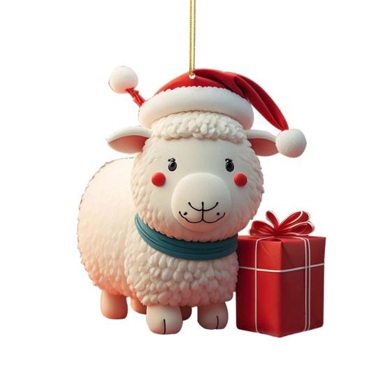 Auspicious Goat Theme Gifts 2D Acrylic Christmas Hanging Ornament, 3.15 Inch Farm Animal Xmas Tree Holiday Car Interior Decor Decoration for Rear View