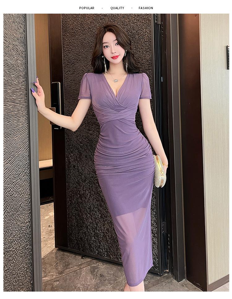 Summer new temperament mesh yarn low-cut V-neck waist split foot massage workcoat long dress women