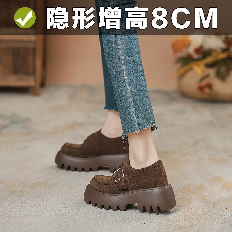 Round head metal one-word buckle with inner height increase thick sole brown loafer small leather shoes women's spring