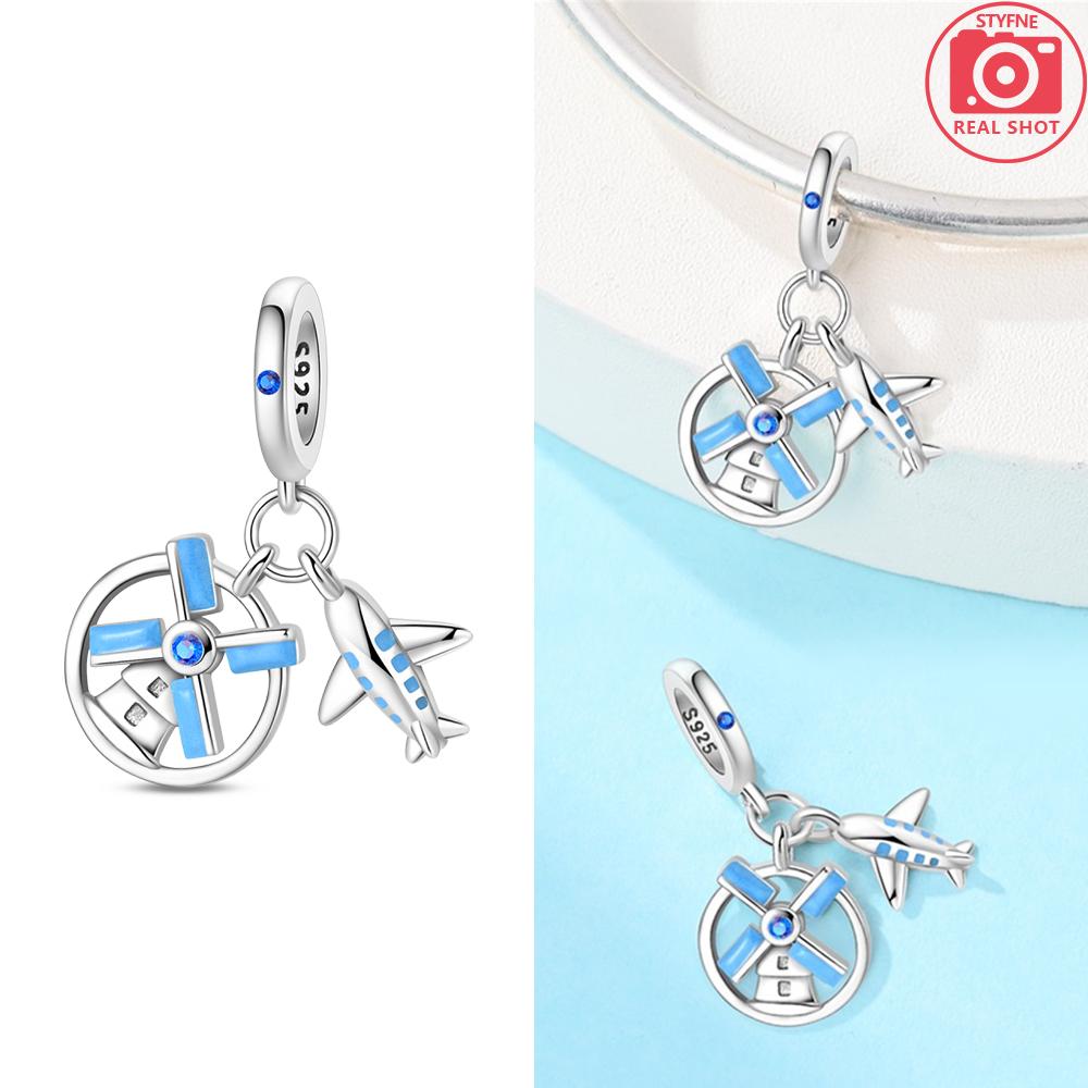

Authentic copper Blue Windmill Pendant Travel Airplane Earth Bead Compatible With Women Bracelets Jewellery Valentine Gift Making