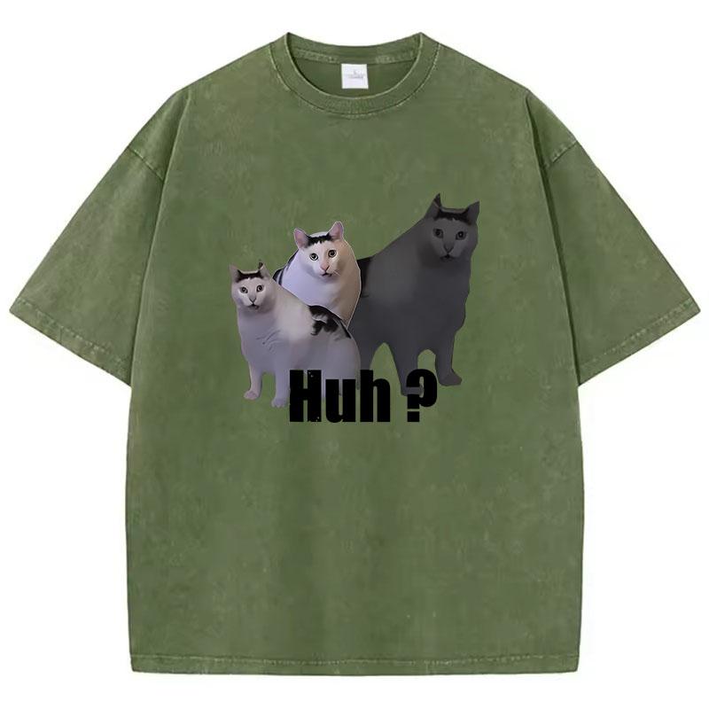 T Shirt Vintage Washed Cotton T-Shirt Black Cat Saying Huh? Graphic Tee Casual Streetwear Spring Summer Fall