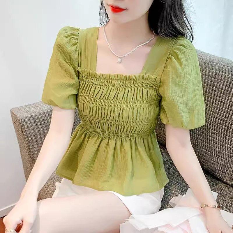 Chiffon Shirt for Women Short-sleeved Waist-hugging Shirt Fashionable High-end and Chic Puff Sleeve Square Collar