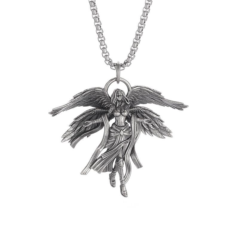 Angel Wings Pendant Necklace Stainless Steel Chain Jewelry Gothic Style Winged Figure Pendant for Men and Women One Size