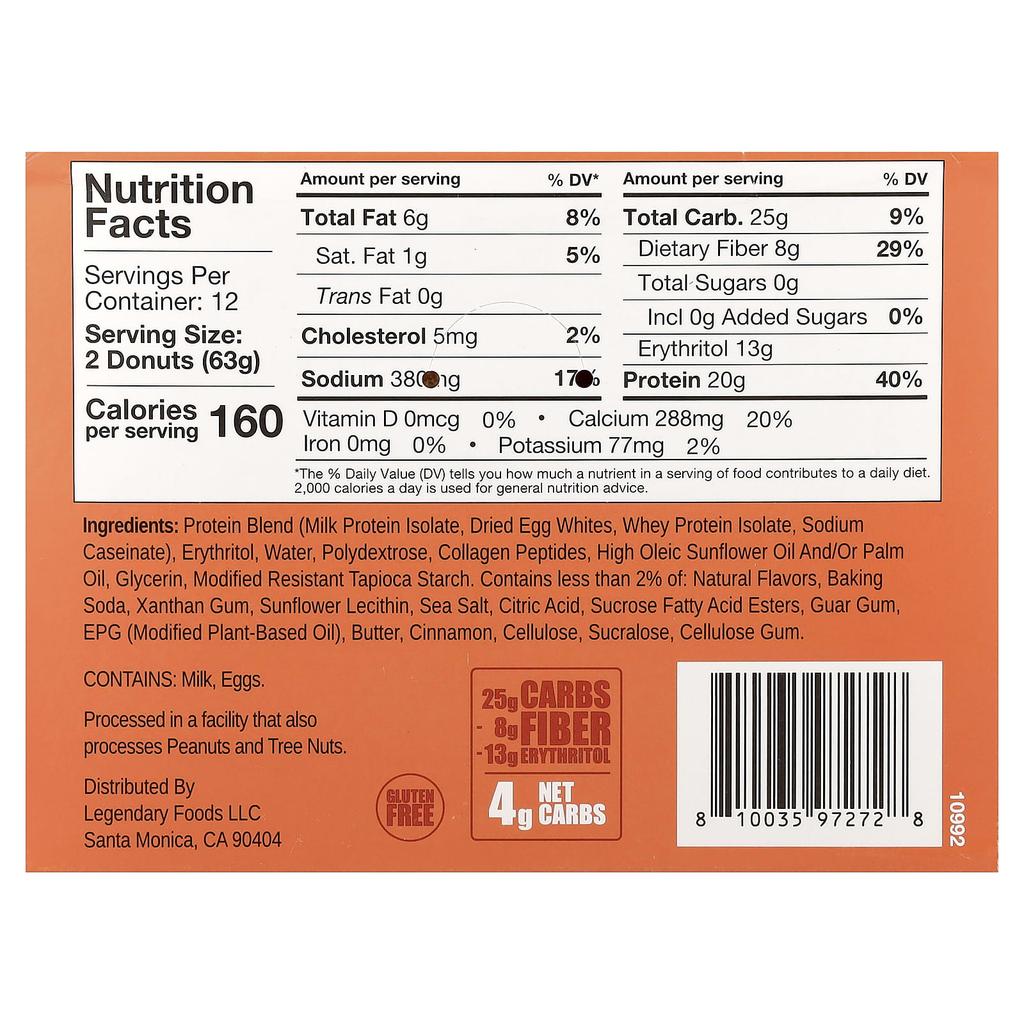 Legendary Foods Protein Donuts, Cinnamon Crumble, 12 Pack, 63g (2.2oz) Each