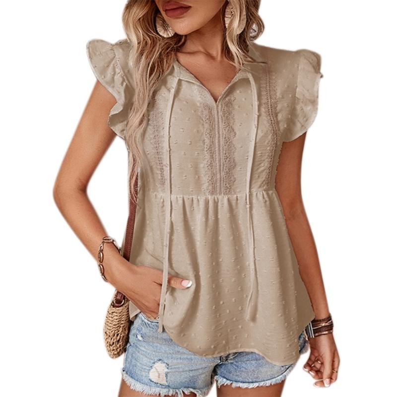 

Женская летняя футболка с коротким рукавом на шнуровке и v-образным вырезом, повседневные топы с баской, удобные свободные блузки, туники, футболки for S абрикосовый