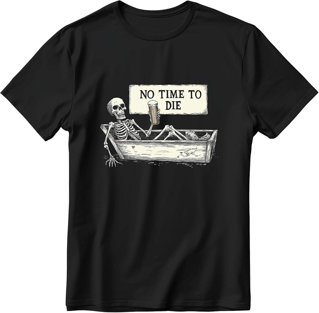 Skeleton Drinking Beer In Coffin Shirt Funny Skull Shirts for Men Short Sleeve Graphic Tee