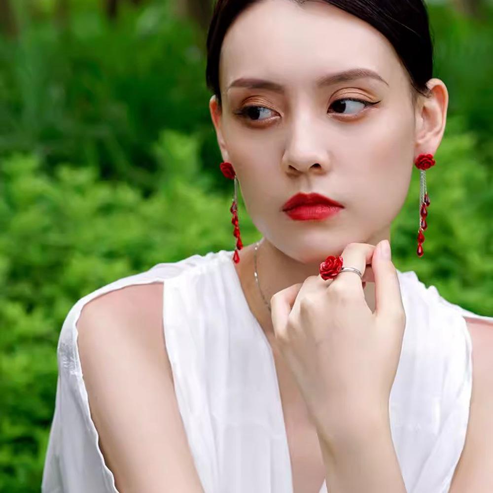 February Rose Silver Needle Red Flower Stud & Dangle Earrings – Elegant Women’s Jewelry